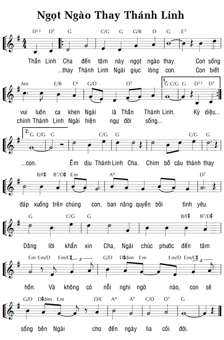 Sheet music: NGỌT NGÀO THAY THÁNH LINH