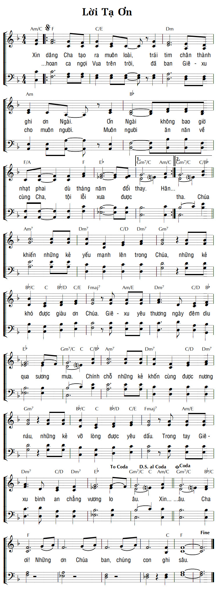 Sheet music: LỜI TẠ ƠN