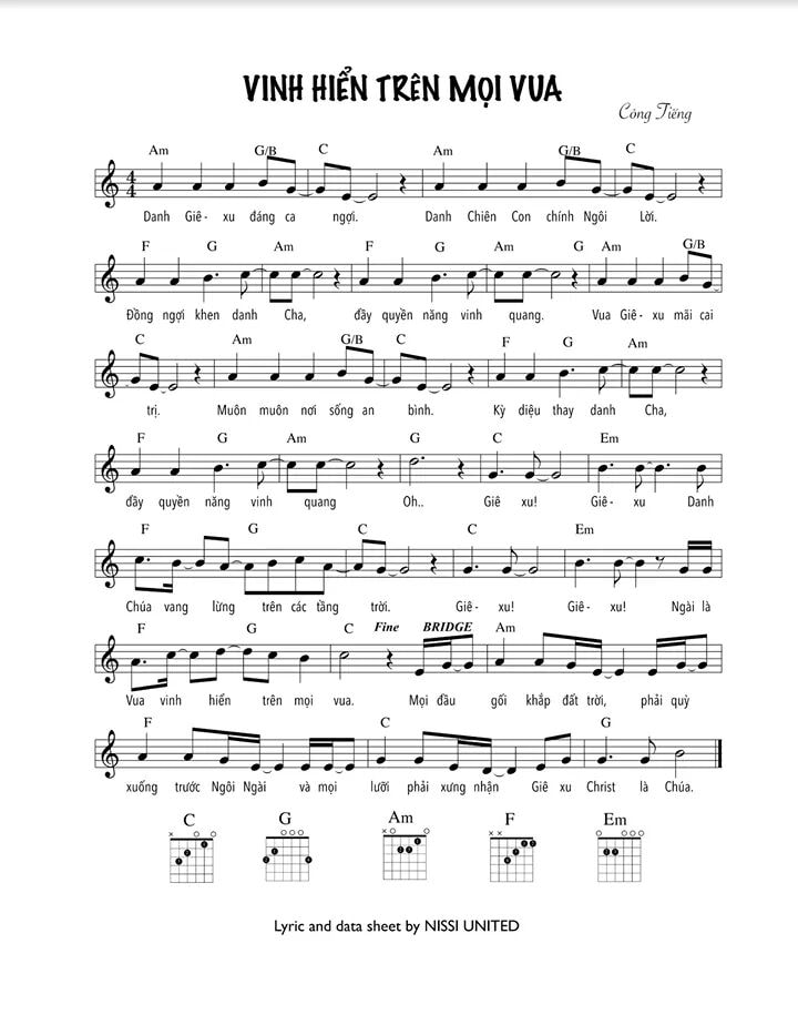 Sheet music: VINH HIỂN TRÊN MỌI VUA