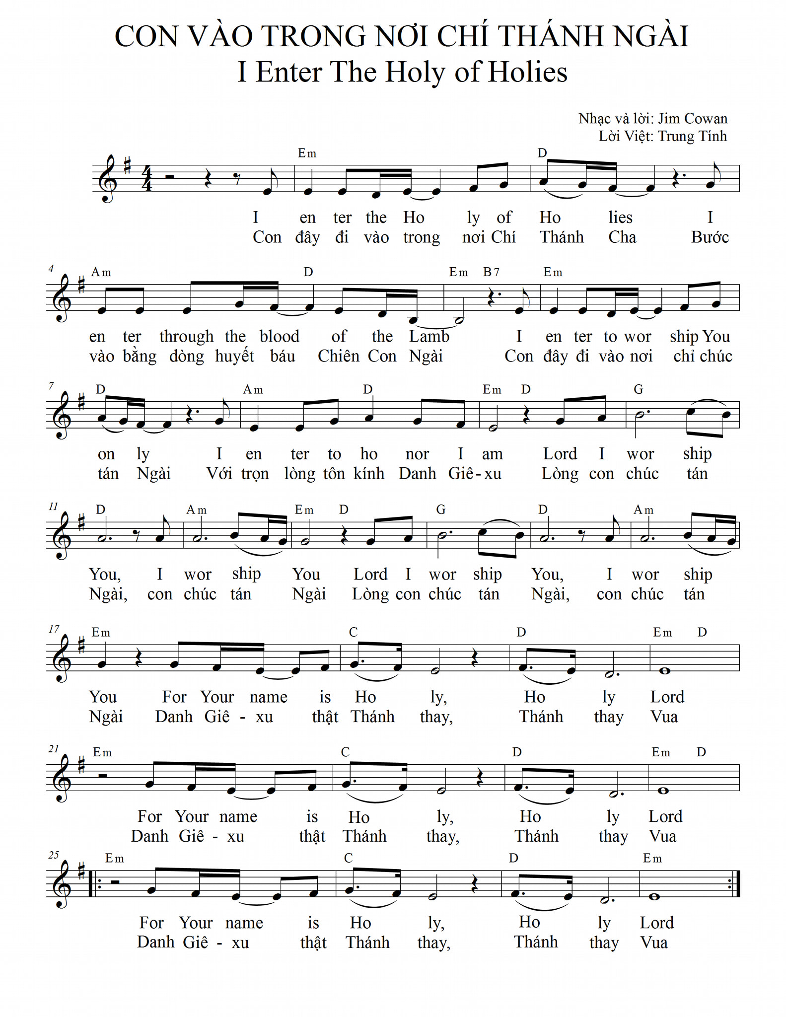 Sheet music: CON VÀO TRONG NƠI CHÍ THÁNH NGÀI