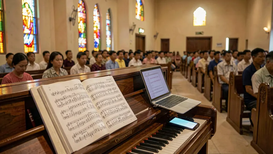 Cây đàn piano với sách Thánh Ca mở trong nhà thờ, bên cạnh máy tính xách tay