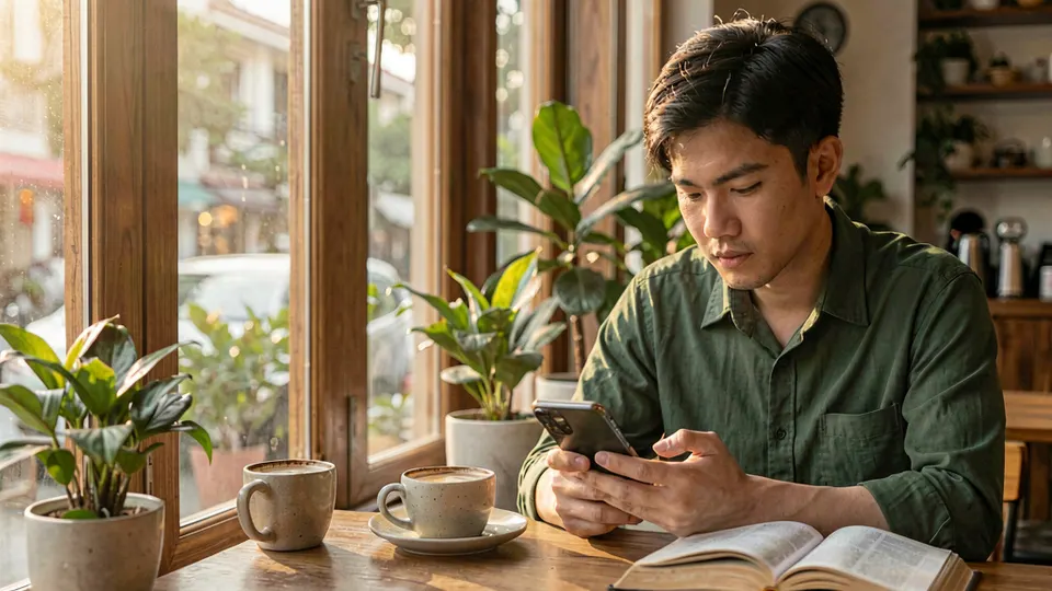 Một người đang đọc Kinh Thánh trên điện thoại bên tách cà phê